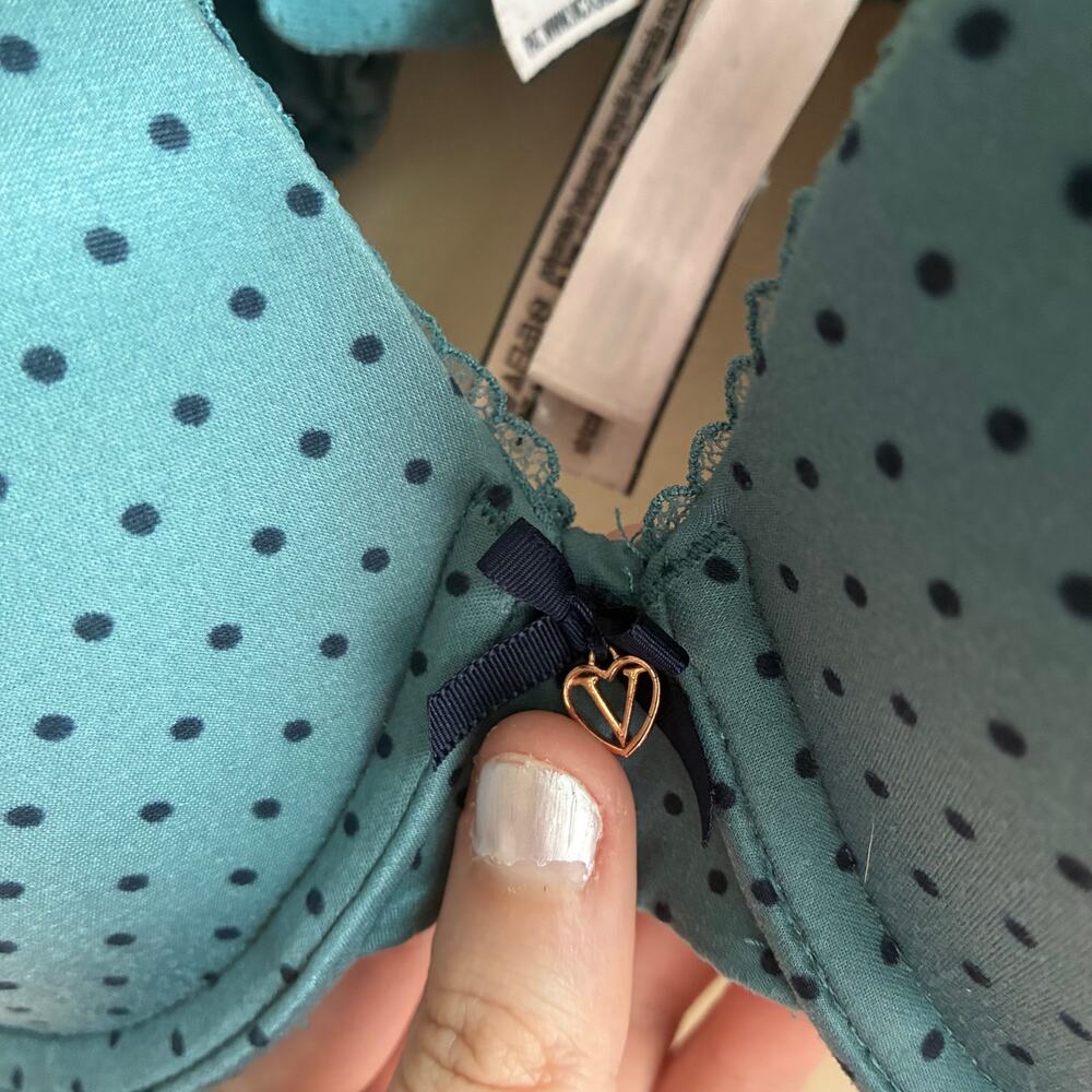 Victoria's Secret teal blue polka dot perfect shape bra‎ women's size 34D lace - Picture 2 of 5